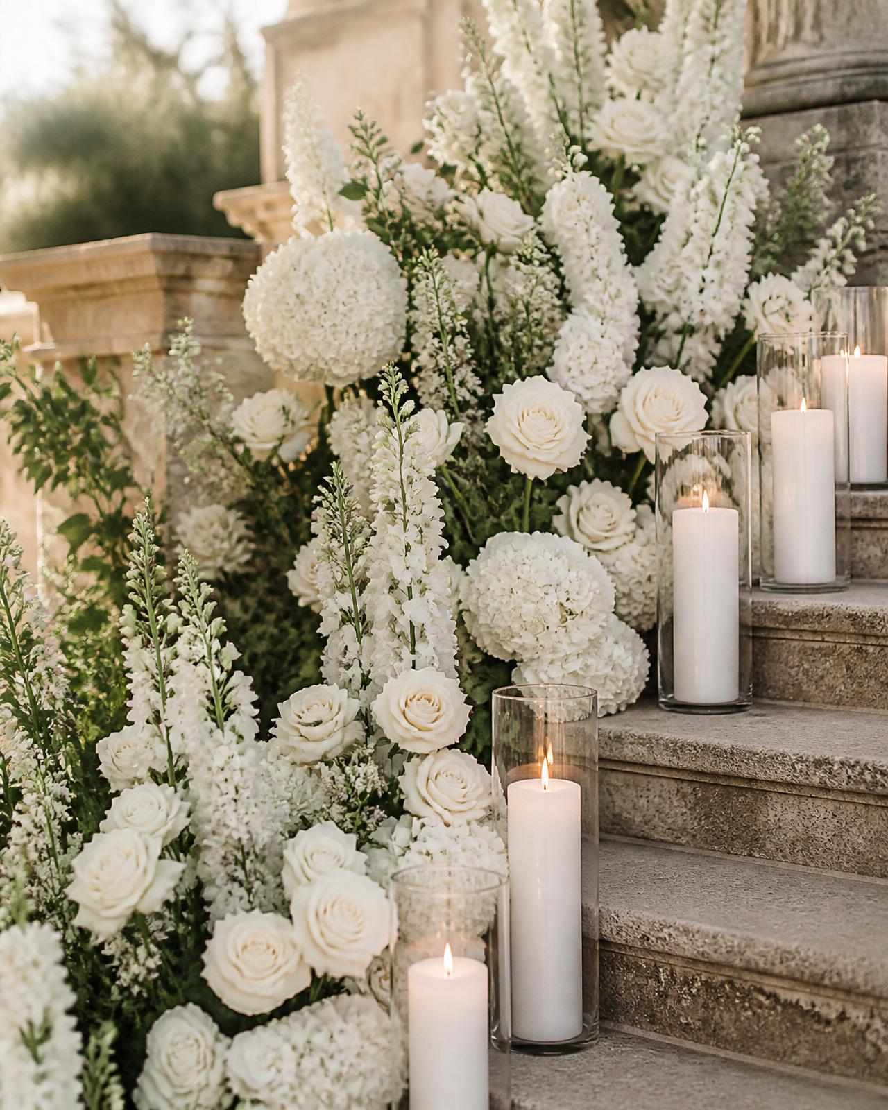 Elegant white and cream wedding flowers with glowing pillar candles arranged on stone steps